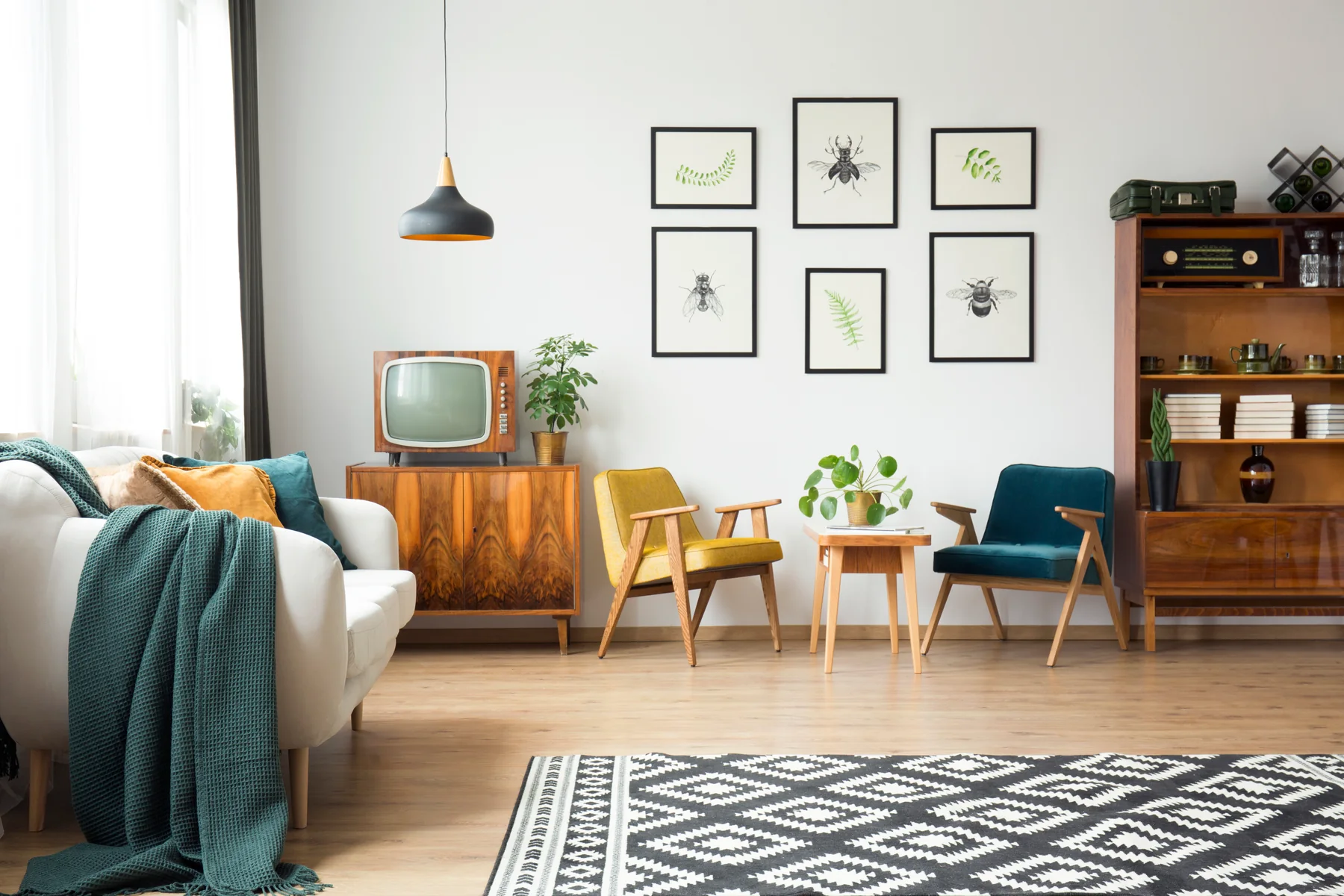 Renovated loft living space with vintage furniture